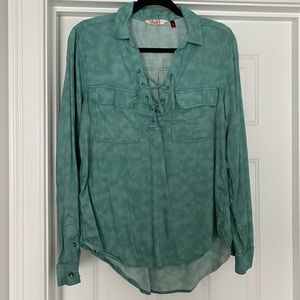 Green tie dye / acid wash lace up neck shirt